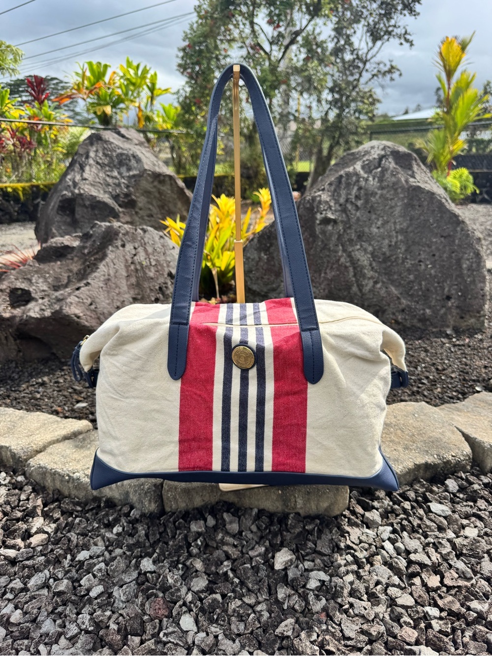 Tommy Hilfiger Canvas Weekender Duffel Bag Navy Red White Striped Travel Tote